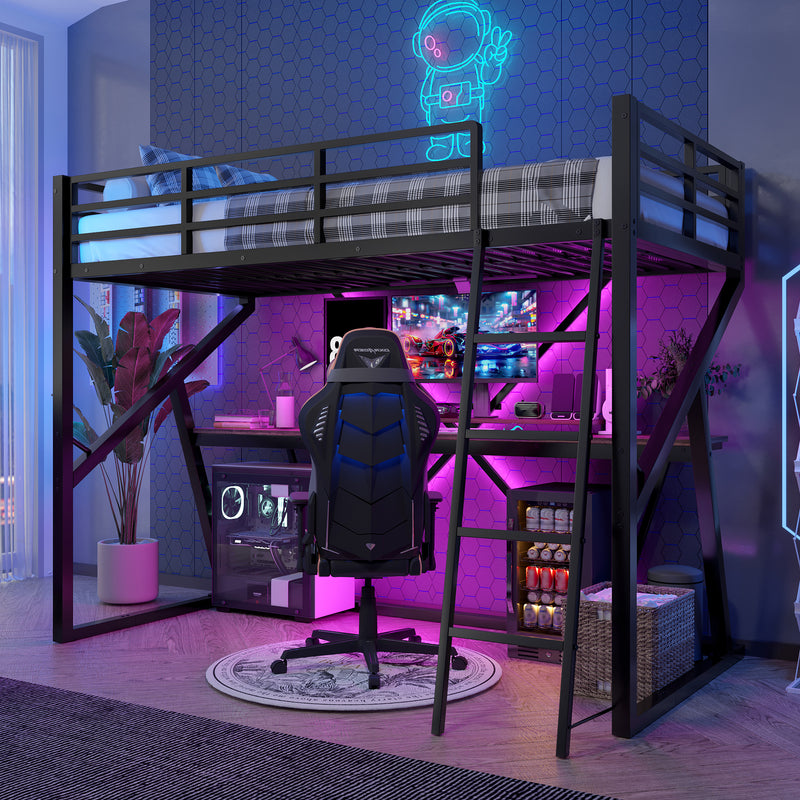Lit superposé métallique enfant noir avec éclairage LED, bureau intégré (90x200cm) ELGODS