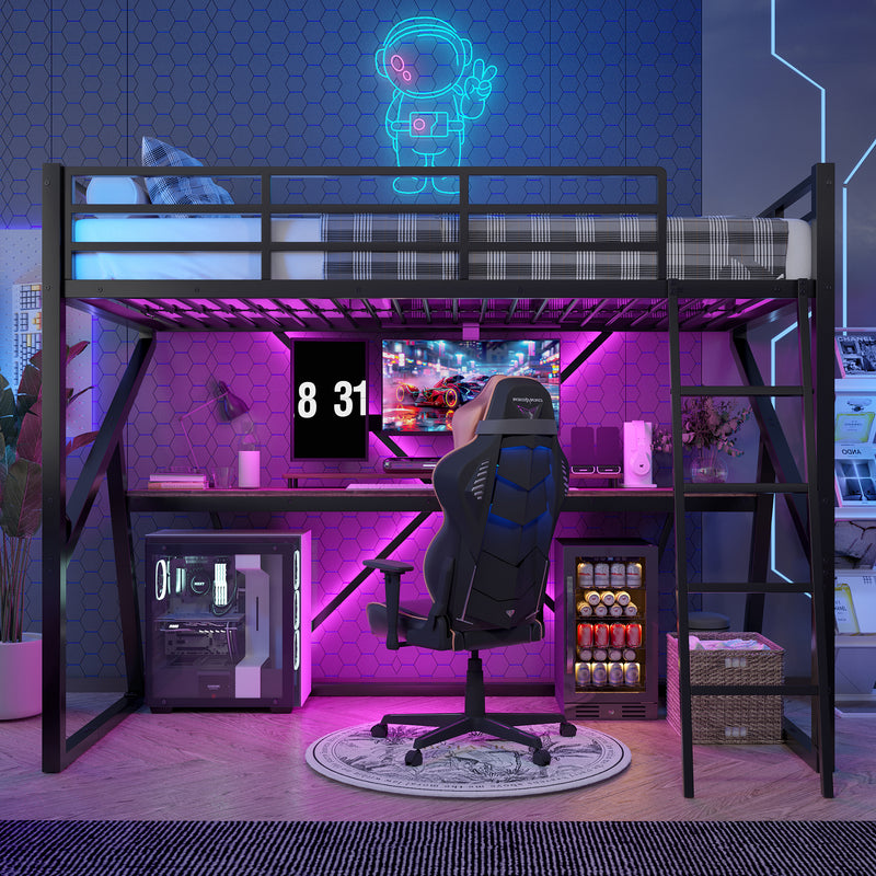 Lit superposé métallique enfant noir avec éclairage LED, bureau intégré (90x200cm) ELGODS