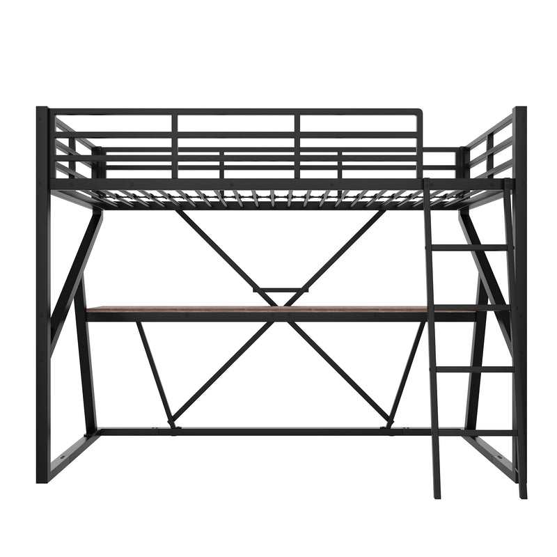 Lit superposé métallique enfant noir avec éclairage LED, bureau intégré (90x200cm) ELGODS
