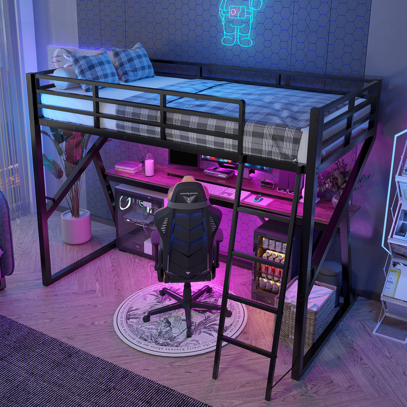 Lit superposé métallique enfant noir avec éclairage LED, bureau intégré (90x200cm) ELGODS
