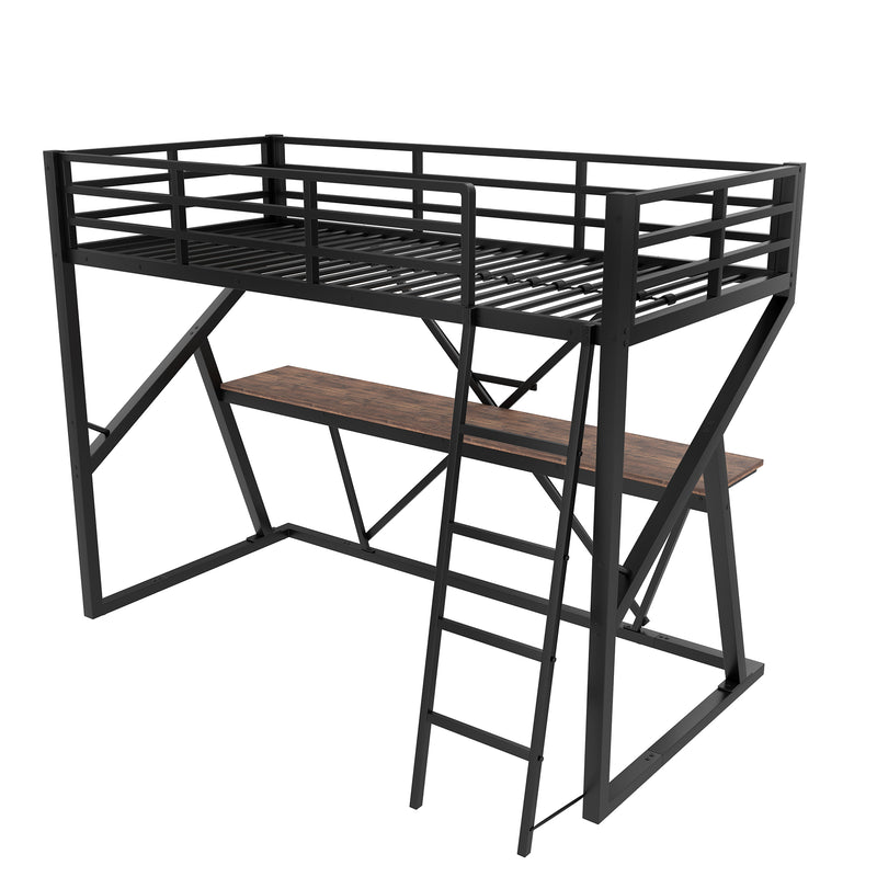 Lit superposé métallique enfant noir avec éclairage LED, bureau intégré (90x200cm) ELGODS