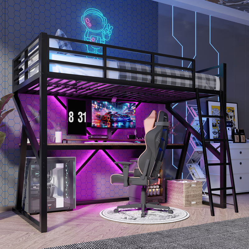 Lit superposé métallique enfant noir avec éclairage LED, bureau intégré (90x200cm) ELGODS