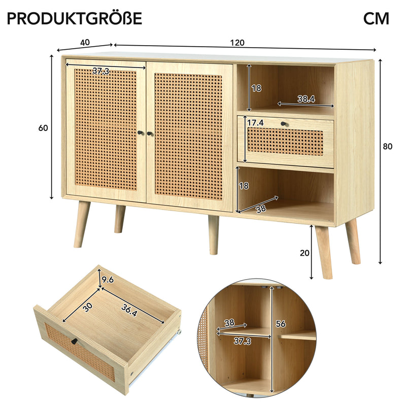 Buffet effet bois chêne et tissage en rotin avec 1 tiroir et 2 portes 120x40x80cm ELMEL