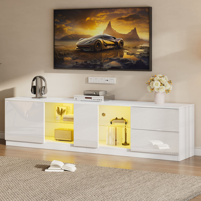 Meuble TV blanc brillant étagères en verre avec éclairage LED 2 tiroirs ENDRONS