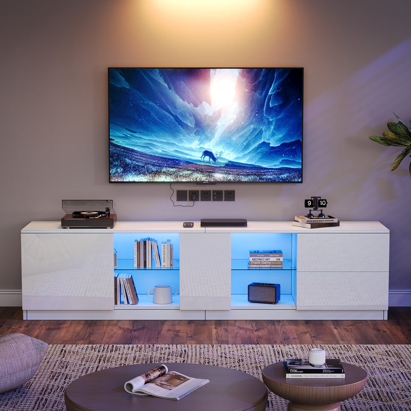 Meuble TV blanc brillant étagères en verre avec éclairage LED 2 tiroirs ENDRONS