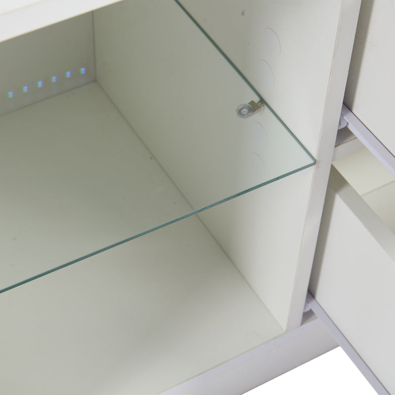 Meuble TV blanc brillant étagères en verre avec éclairage LED 2 tiroirs ENDRONS