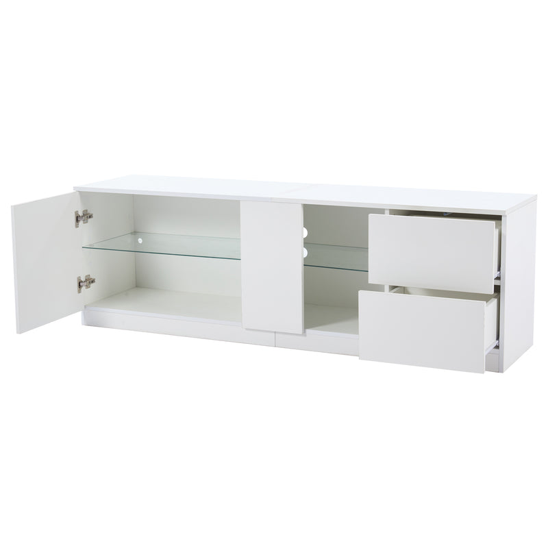 Meuble TV blanc brillant étagères en verre avec éclairage LED 2 tiroirs ENDRONS