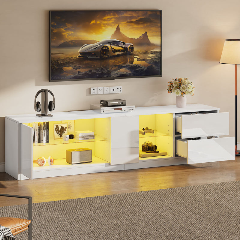 Meuble TV blanc brillant étagères en verre avec éclairage LED 2 tiroirs ENDRONS