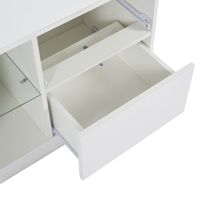 Meuble TV blanc brillant étagères en verre avec éclairage LED 2 tiroirs ENDRONS