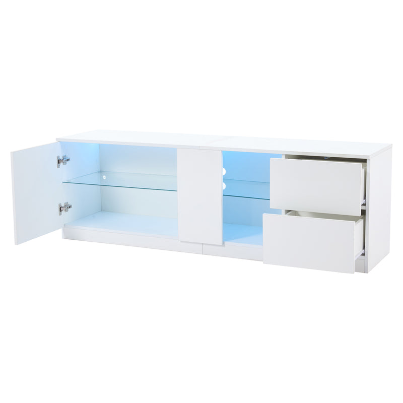Meuble TV blanc brillant étagères en verre avec éclairage LED 2 tiroirs ENDRONS