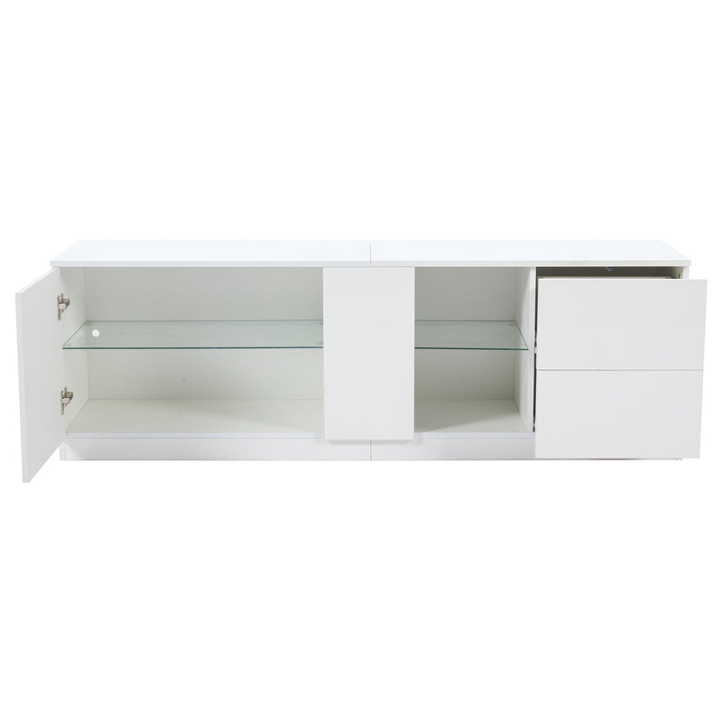Meuble TV blanc brillant étagères en verre avec éclairage LED 2 tiroirs ENDRONS