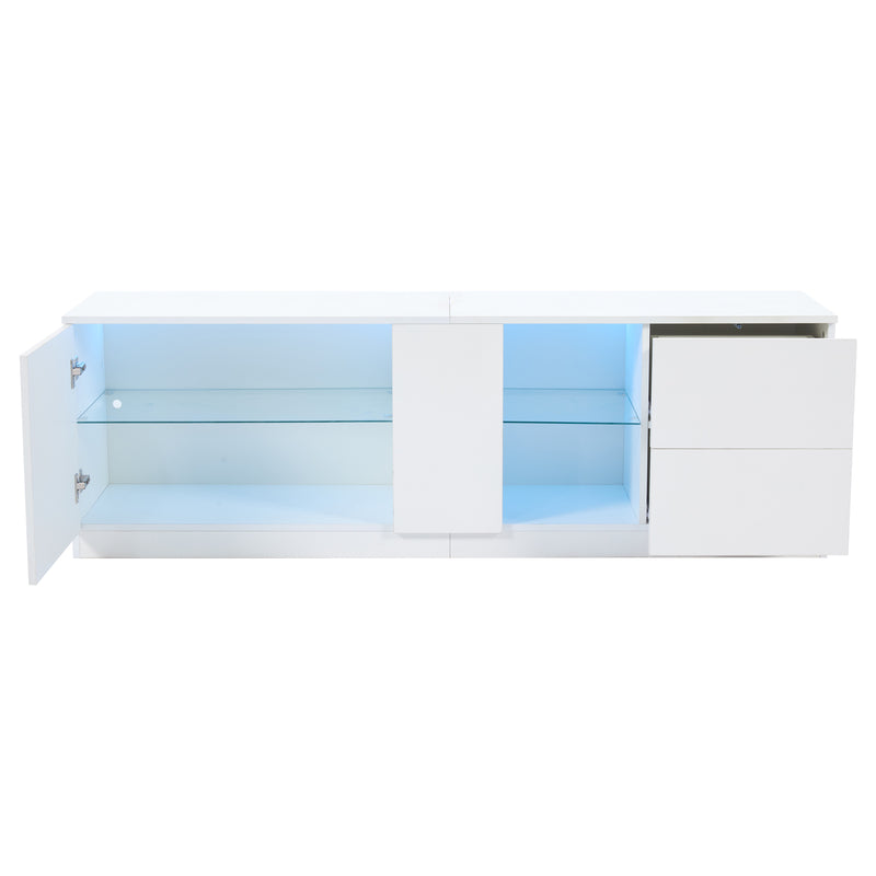 Meuble TV blanc brillant étagères en verre avec éclairage LED 2 tiroirs ENDRONS