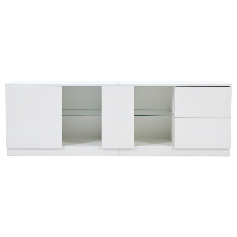 Meuble TV blanc brillant étagères en verre avec éclairage LED 2 tiroirs ENDRONS