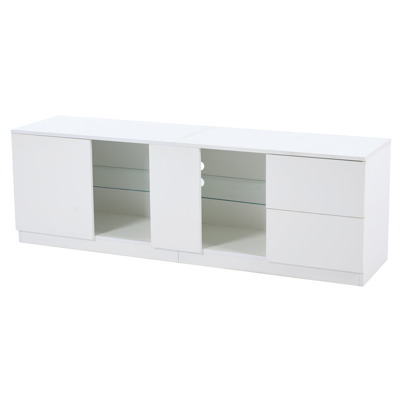 Meuble TV blanc brillant étagères en verre avec éclairage LED 2 tiroirs ENDRONS