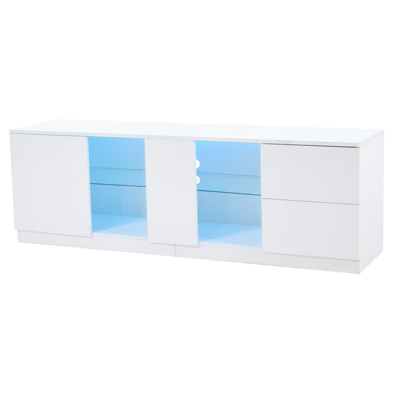 Meuble TV blanc brillant étagères en verre avec éclairage LED 2 tiroirs ENDRONS