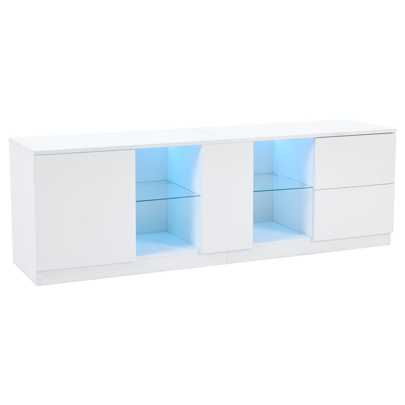 Meuble TV blanc brillant étagères en verre avec éclairage LED 2 tiroirs ENDRONS