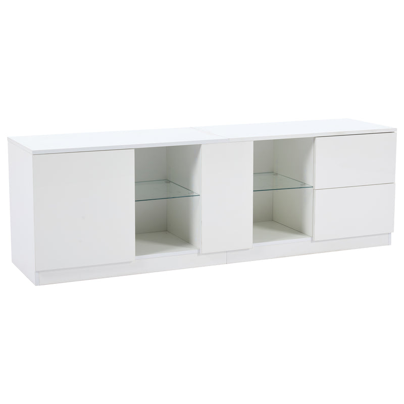 Meuble TV blanc brillant étagères en verre avec éclairage LED 2 tiroirs ENDRONS