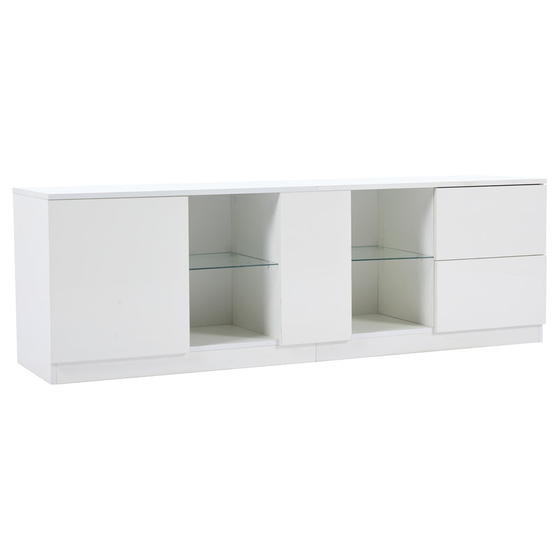 Meuble TV blanc brillant étagères en verre avec éclairage LED 2 tiroirs ENDRONS