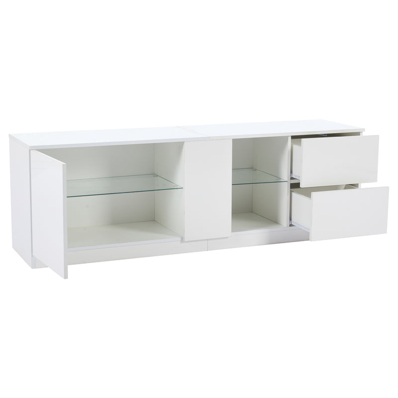 Meuble TV blanc brillant étagères en verre avec éclairage LED 2 tiroirs ENDRONS