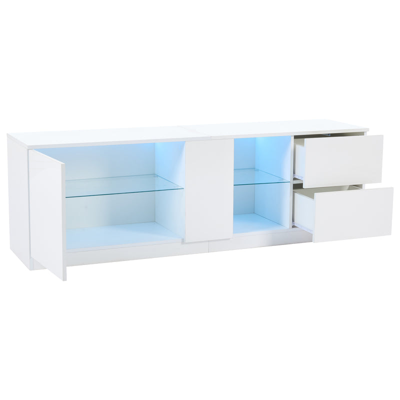 Meuble TV blanc brillant étagères en verre avec éclairage LED 2 tiroirs ENDRONS