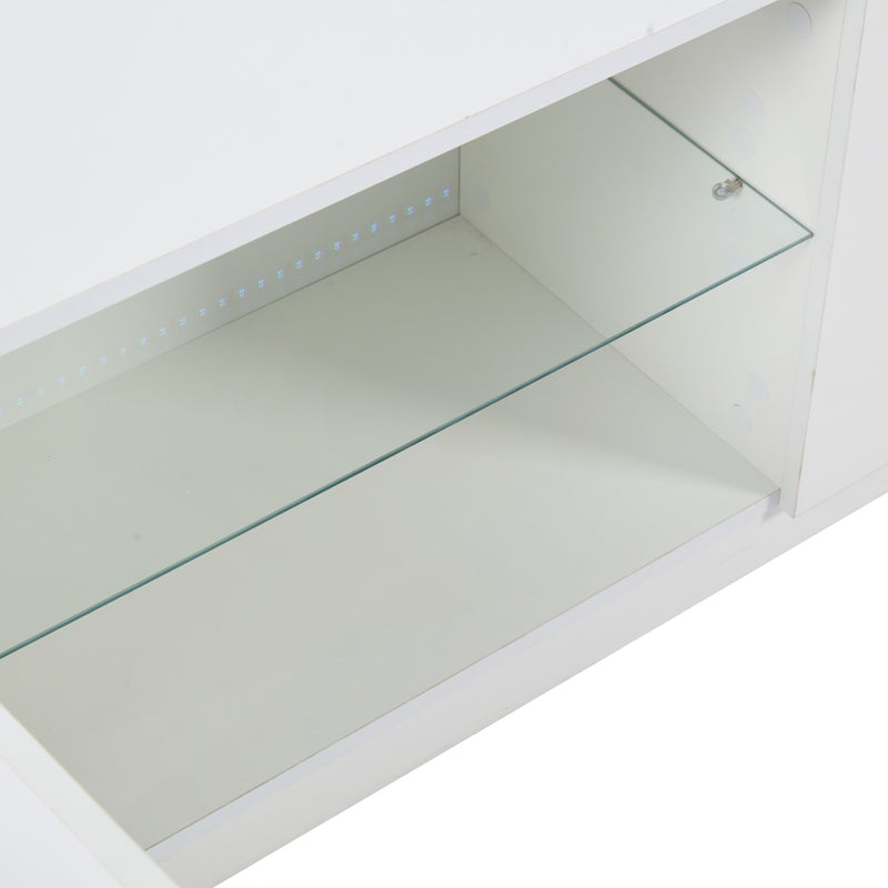 Meuble TV blanc brillant étagères en verre avec éclairage LED 2 tiroirs ENDRONS