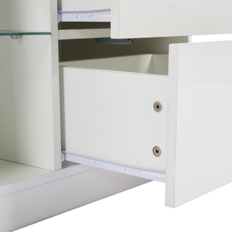 Meuble TV blanc brillant étagères en verre avec éclairage LED 2 tiroirs ENDRONS