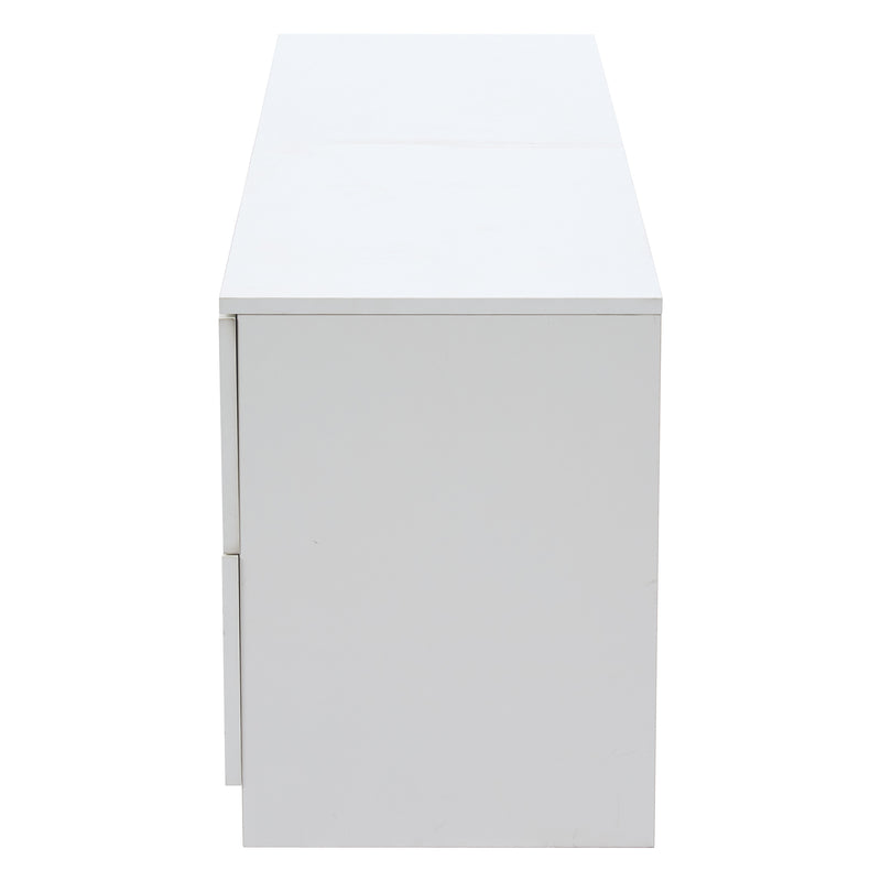 Meuble TV blanc brillant étagères en verre avec éclairage LED 2 tiroirs ENDRONS
