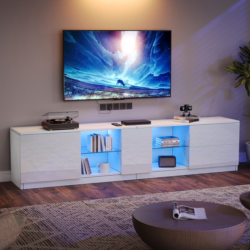 Meuble TV blanc brillant étagères en verre avec éclairage LED 2 tiroirs ENDRONS