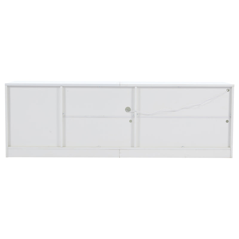 Meuble TV blanc brillant étagères en verre avec éclairage LED 2 tiroirs ENDRONS