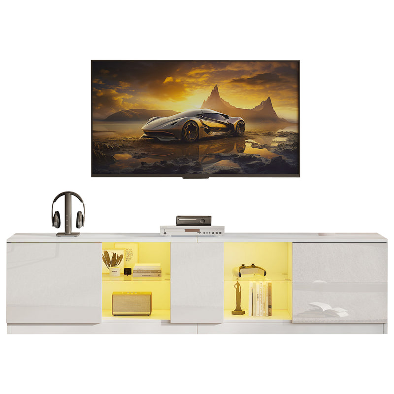 Meuble TV blanc brillant étagères en verre avec éclairage LED 2 tiroirs ENDRONS