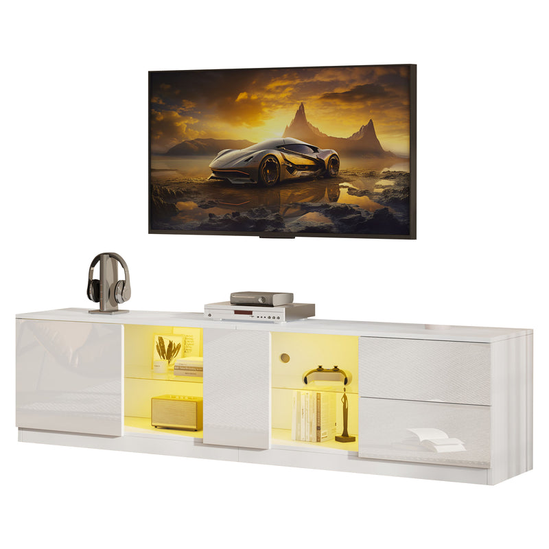 Meuble TV blanc brillant étagères en verre avec éclairage LED 2 tiroirs ENDRONS
