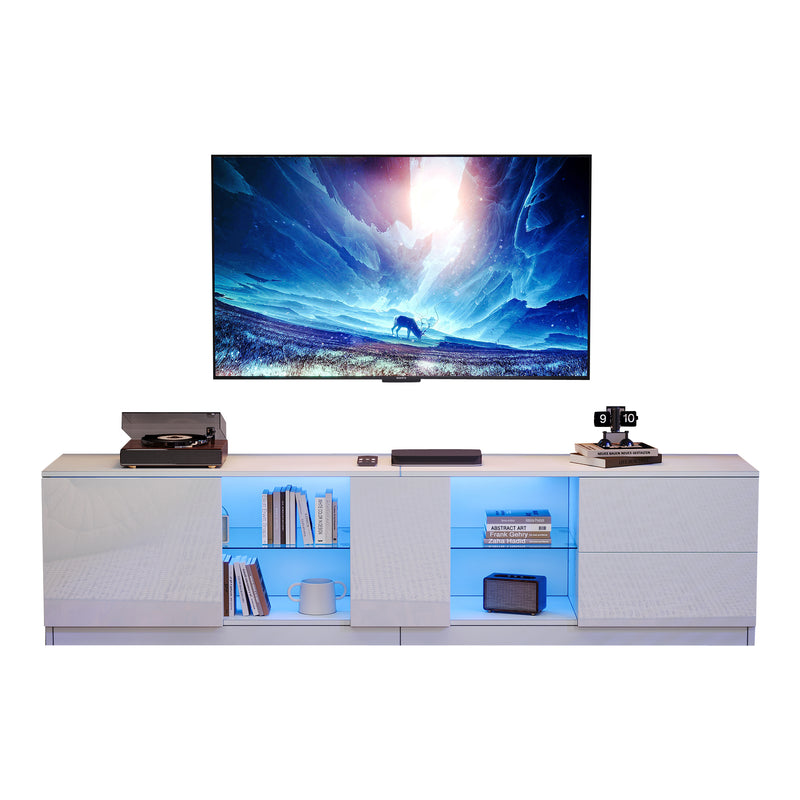 Meuble TV blanc brillant étagères en verre avec éclairage LED 2 tiroirs ENDRONS
