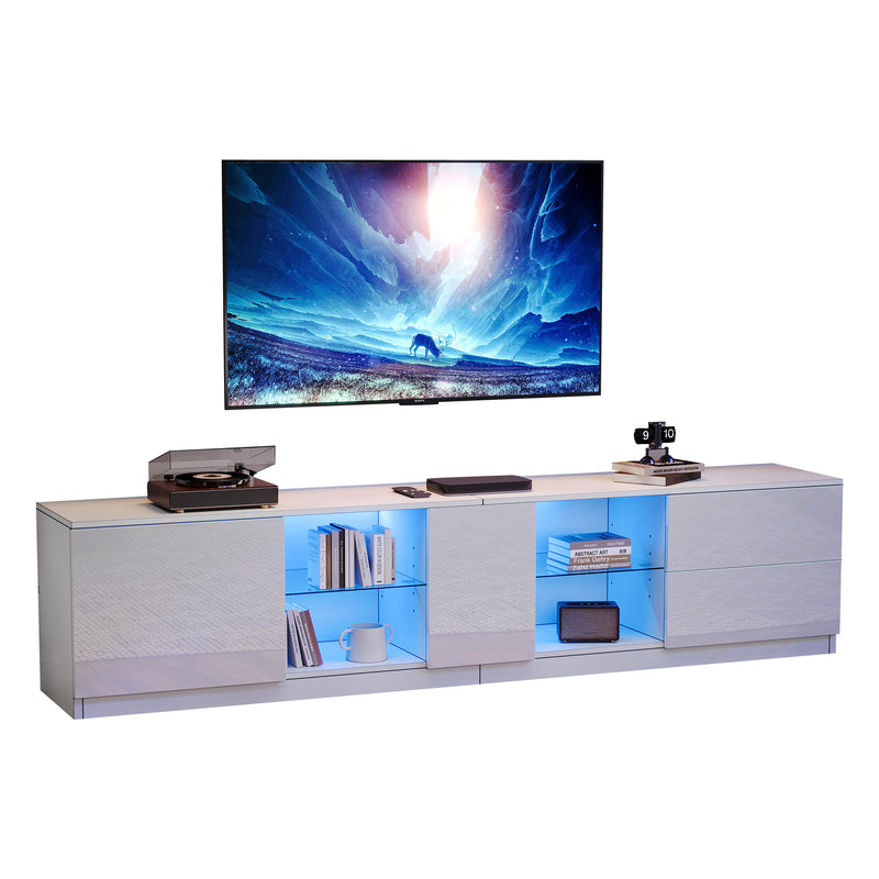 Meuble TV blanc brillant étagères en verre avec éclairage LED 2 tiroirs ENDRONS