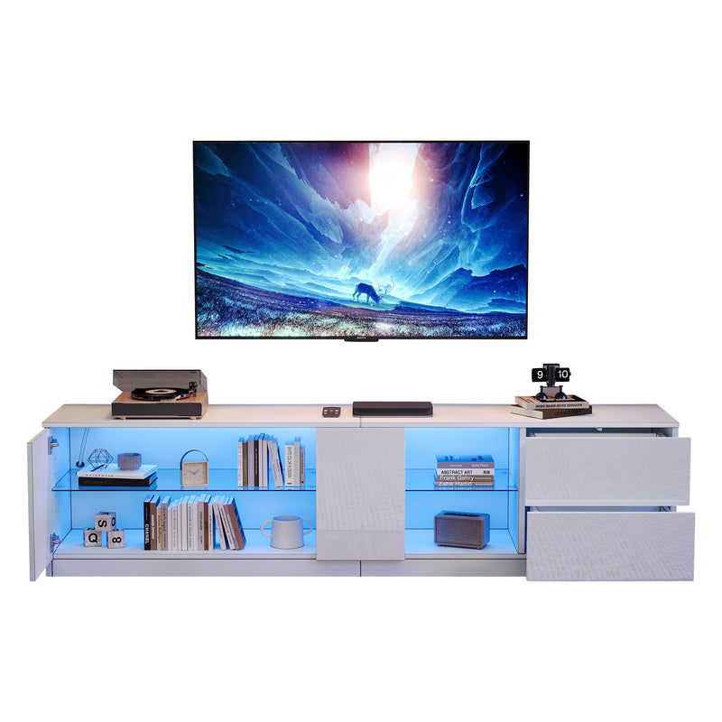 Meuble TV blanc brillant étagères en verre avec éclairage LED 2 tiroirs ENDRONS
