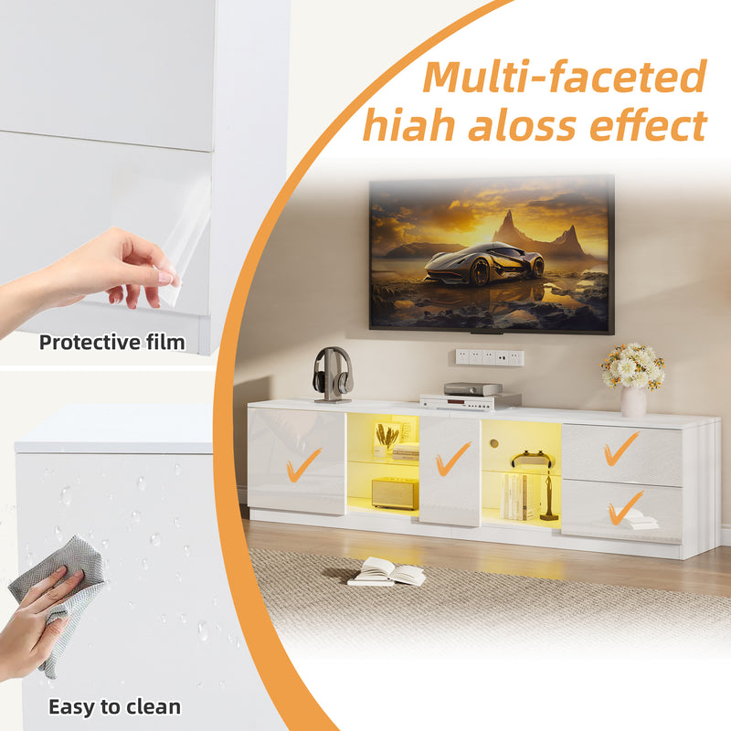 Meuble TV blanc brillant étagères en verre avec éclairage LED 2 tiroirs ENDRONS