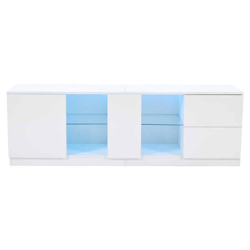 Meuble TV blanc brillant étagères en verre avec éclairage LED 2 tiroirs ENDRONS
