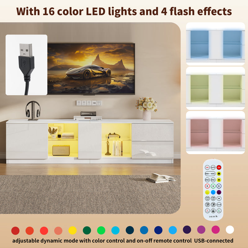 Meuble TV blanc brillant étagères en verre avec éclairage LED 2 tiroirs ENDRONS