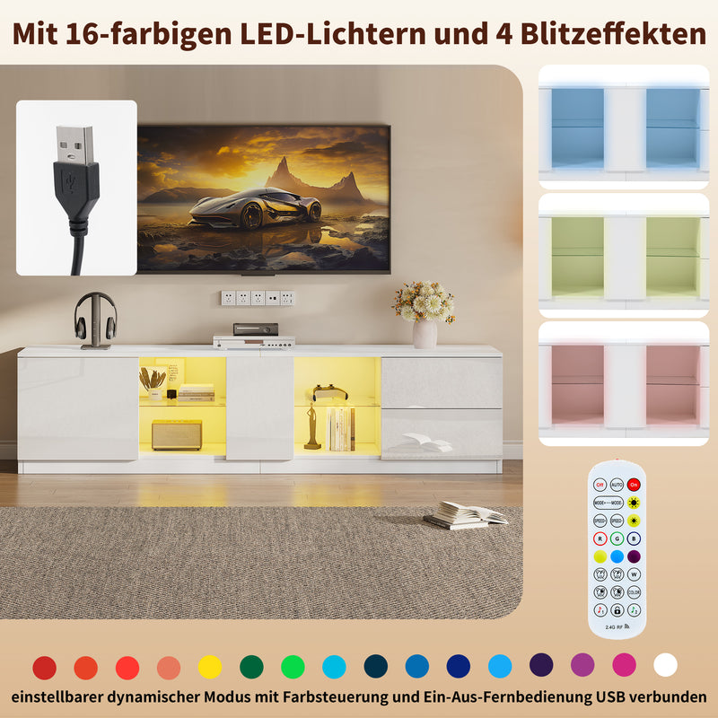 Meuble TV blanc brillant étagères en verre avec éclairage LED 2 tiroirs ENDRONS