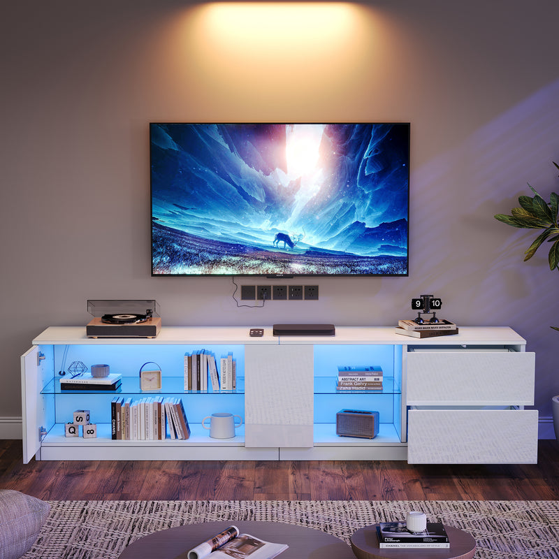 Meuble TV blanc brillant étagères en verre avec éclairage LED 2 tiroirs ENDRONS