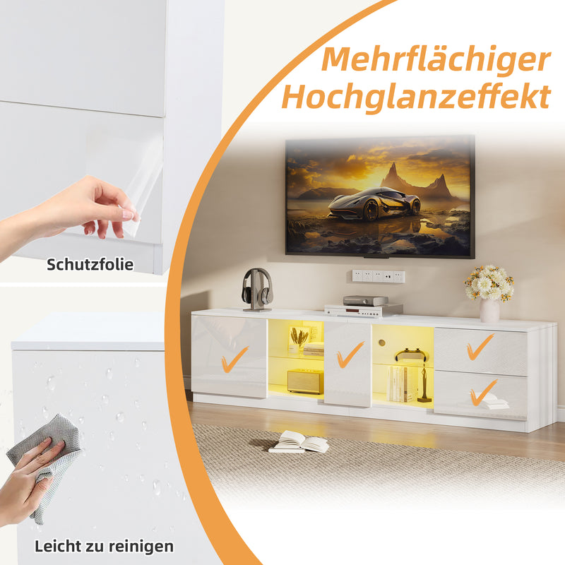 Meuble TV blanc brillant étagères en verre avec éclairage LED 2 tiroirs ENDRONS