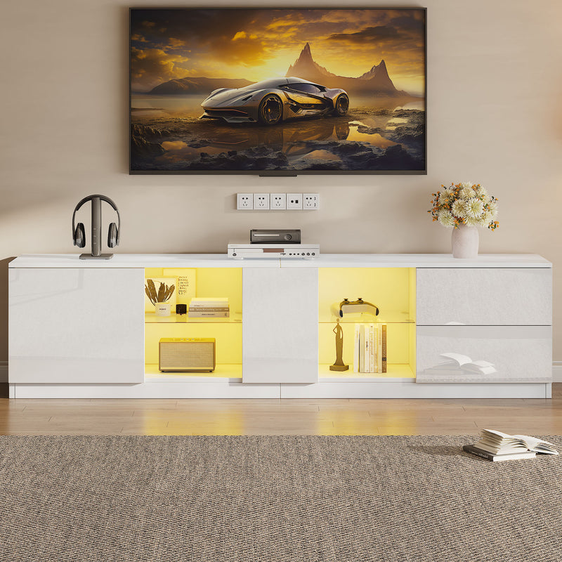 Meuble TV blanc brillant étagères en verre avec éclairage LED 2 tiroirs ENDRONS