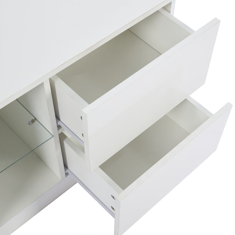 Meuble TV blanc brillant étagères en verre avec éclairage LED 2 tiroirs ENDRONS