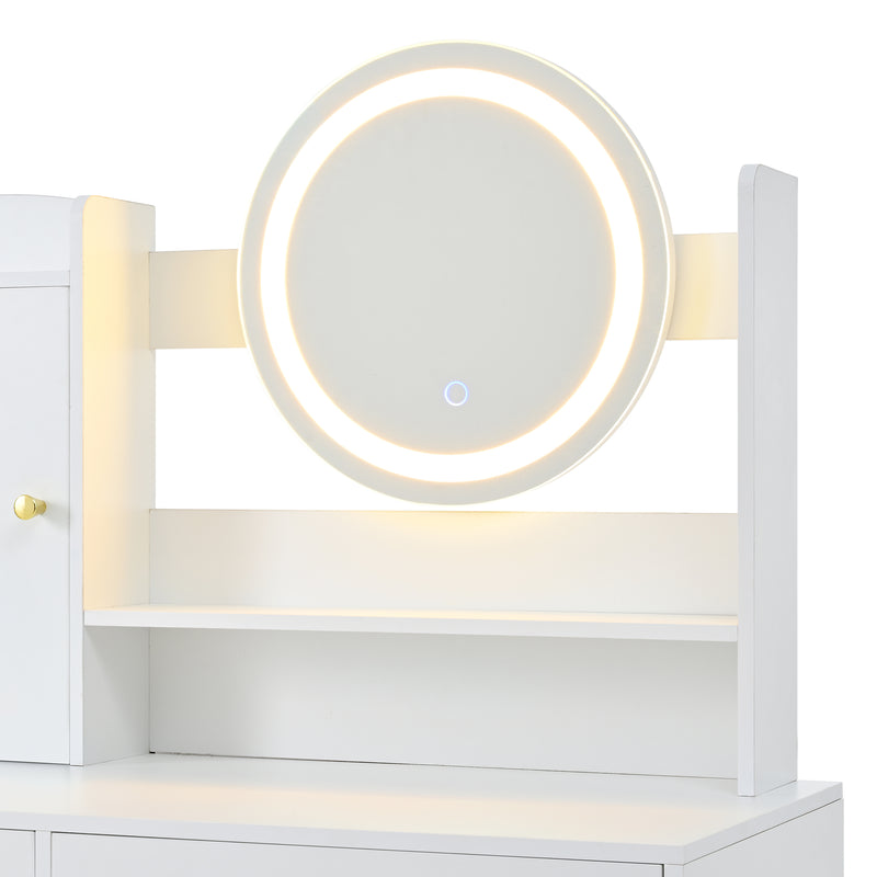 Coiffeuse moderne blanche avec tabouret, miroir LED, 5 tiroirs ETHER
