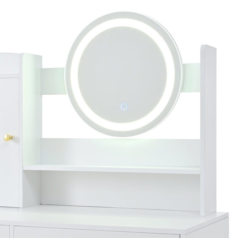 Coiffeuse moderne blanche avec tabouret, miroir LED, 5 tiroirs ETHER