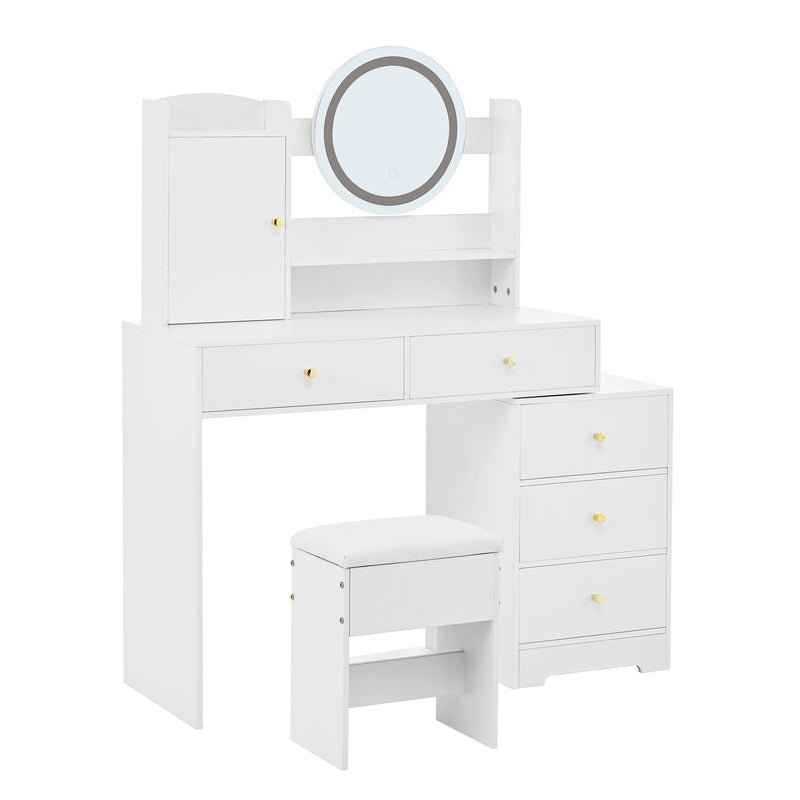 Coiffeuse moderne blanche avec tabouret, miroir LED, 5 tiroirs ETHER