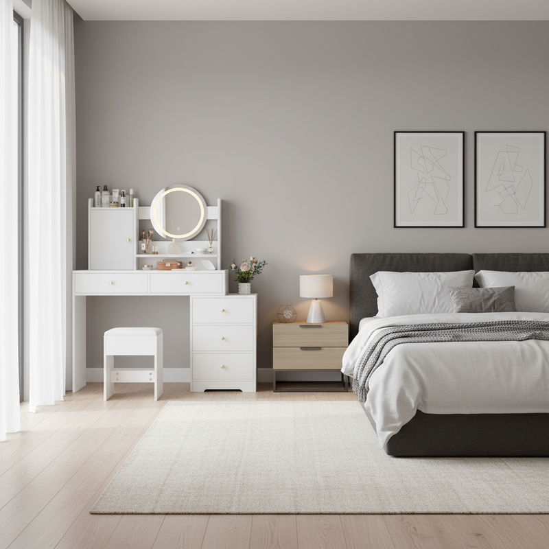 Coiffeuse moderne blanche avec tabouret, miroir LED, 5 tiroirs ETHER