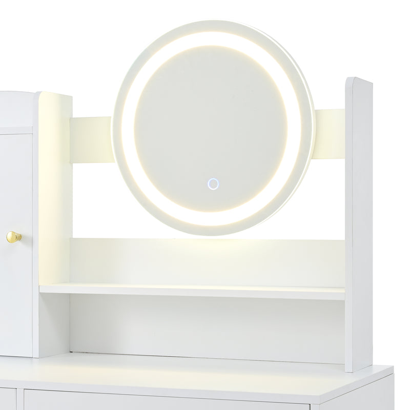 Coiffeuse moderne blanche avec tabouret, miroir LED, 5 tiroirs ETHER