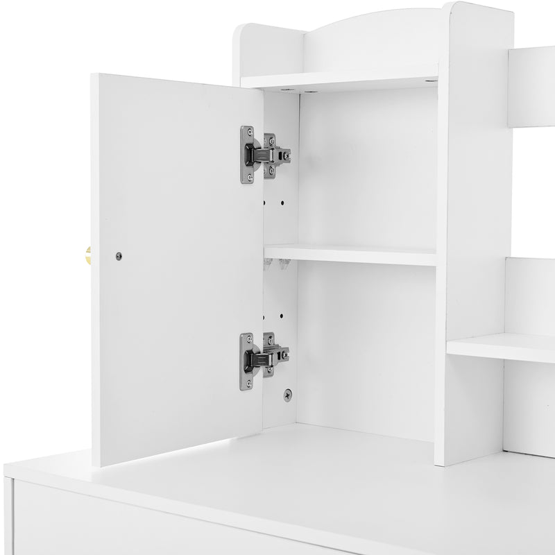 Coiffeuse moderne blanche avec tabouret, miroir LED, 5 tiroirs ETHER