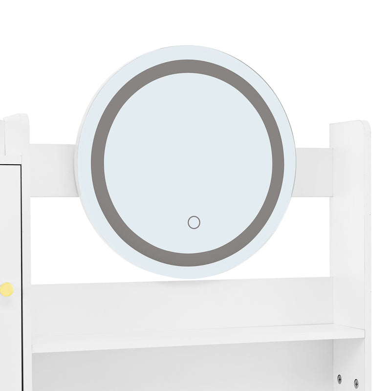 Coiffeuse moderne blanche avec tabouret, miroir LED, 5 tiroirs ETHER