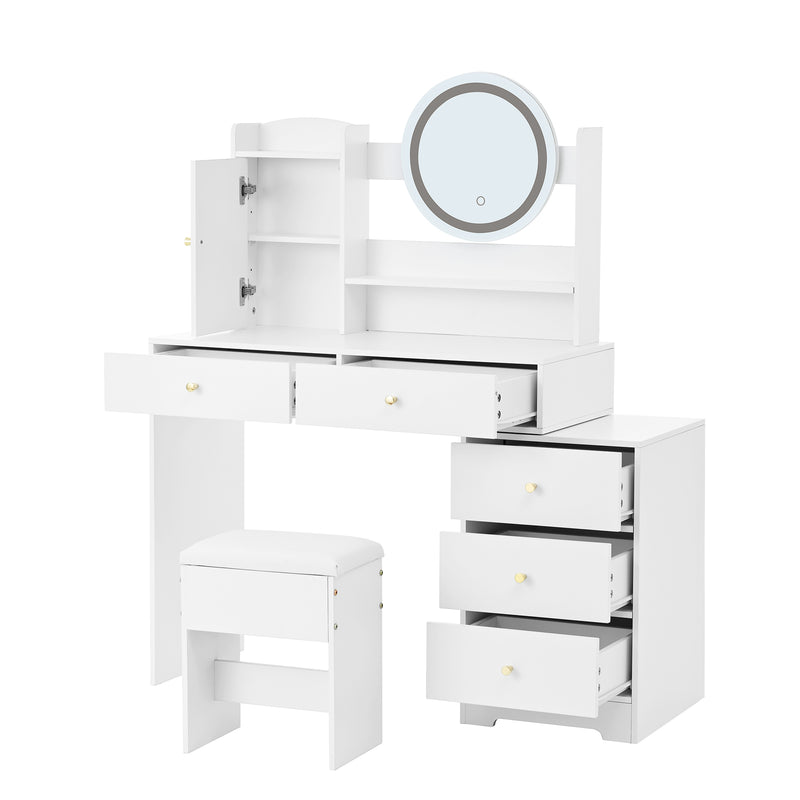Coiffeuse moderne blanche avec tabouret, miroir LED, 5 tiroirs ETHER